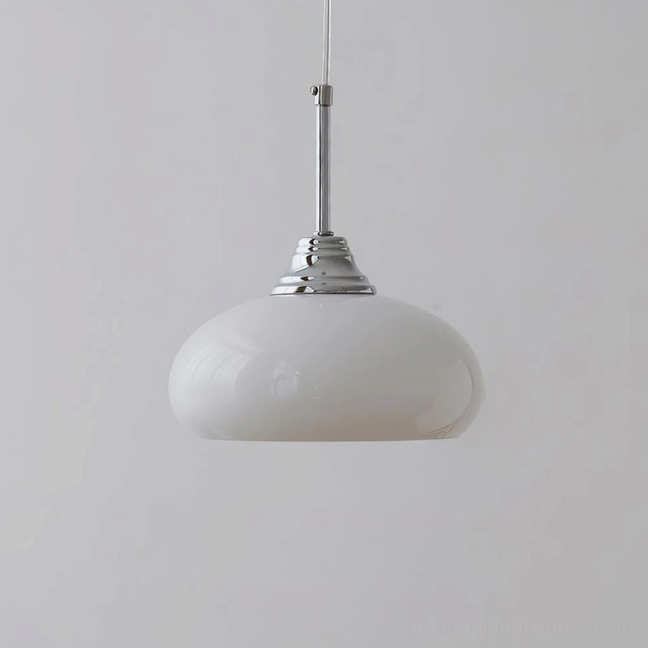 Vanilla pendant light in white gloss glass finish with chrome fixtures, clean studio background