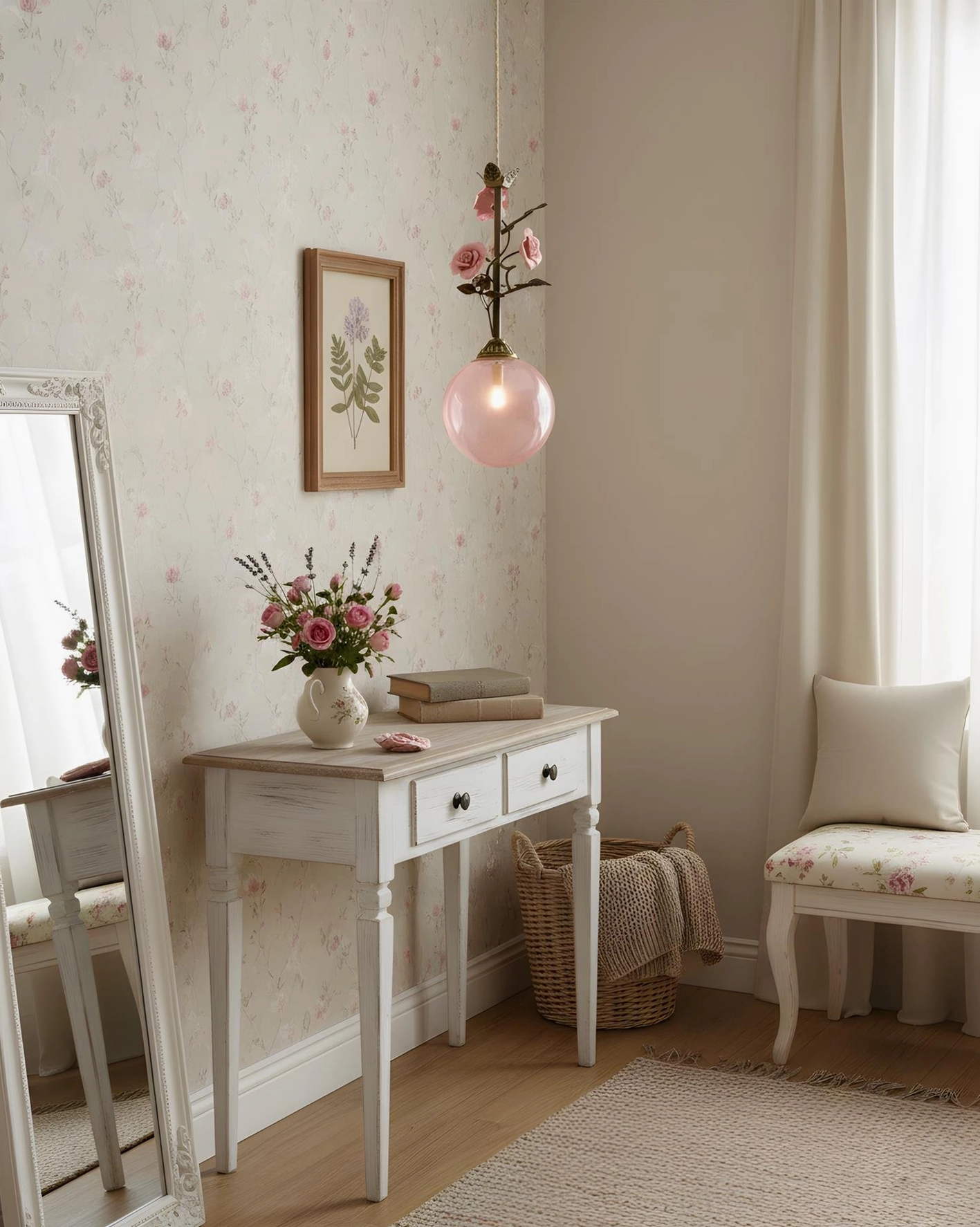 Single floral pendant lamp above vintage vanity with fresh flowers, soft bedroom lighting