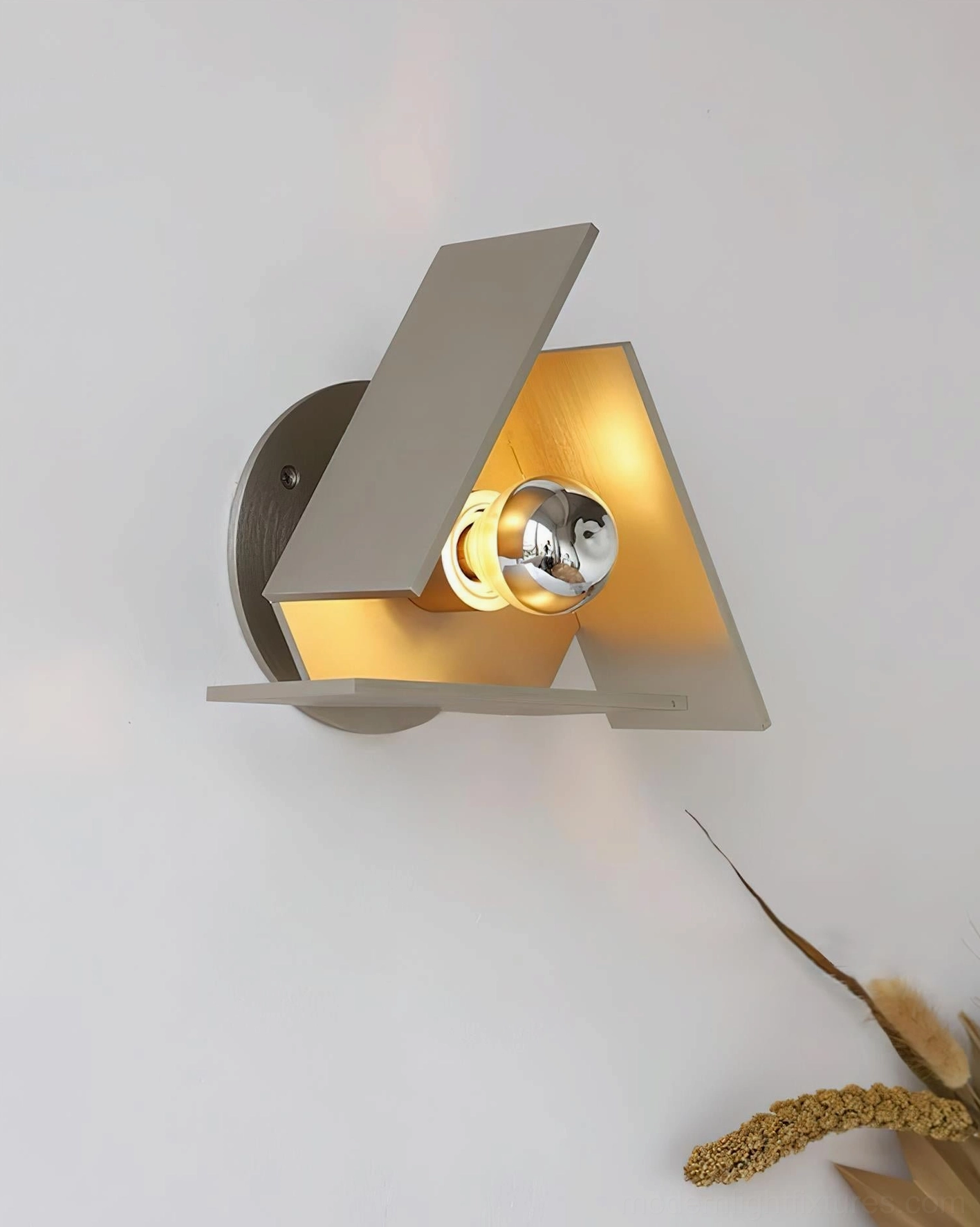 Vanta brushed silver geometric wall lamp right side three-quarter angle with chrome socket and matte taupe exterior