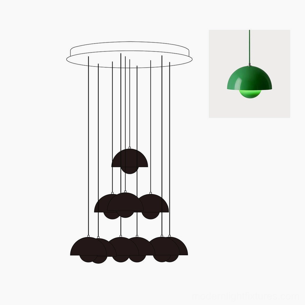 Contemporary dome pendant chandelier with varied suspension heights creating dynamic visual composition