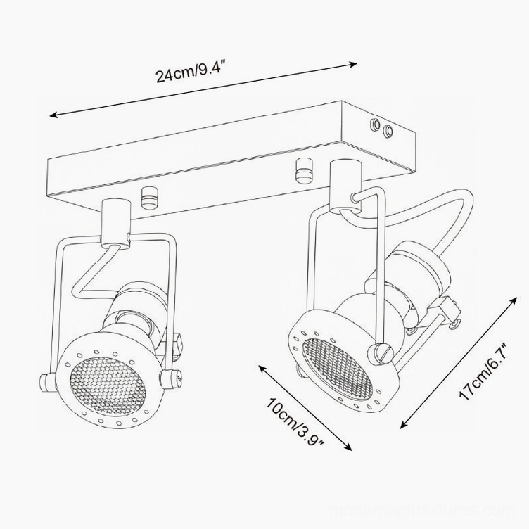2-head linear track lighting fixture technical drawing showing 24cm length and adjustable lamp head design