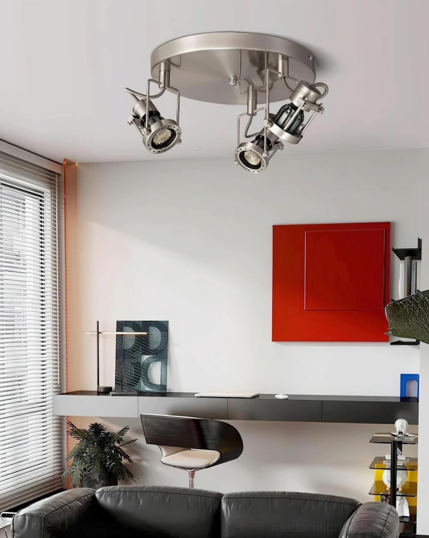 2-head round ceiling spotlight fixture with rotatable heads in contemporary home living space