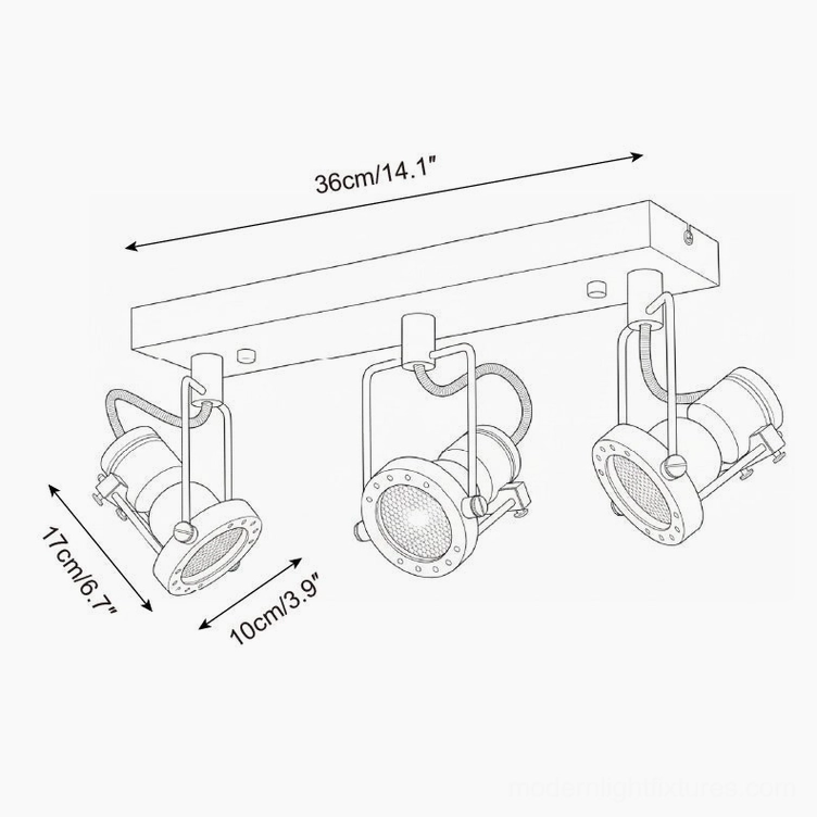 3-head linear track light technical drawing with 36cm total length and dimensional annotations