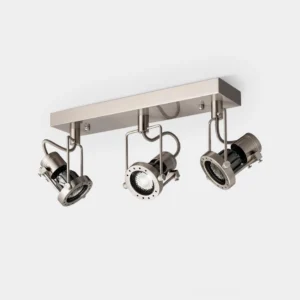 Vector Orbit 3-head linear adjustable track lighting fixture with brushed nickel finish on white background