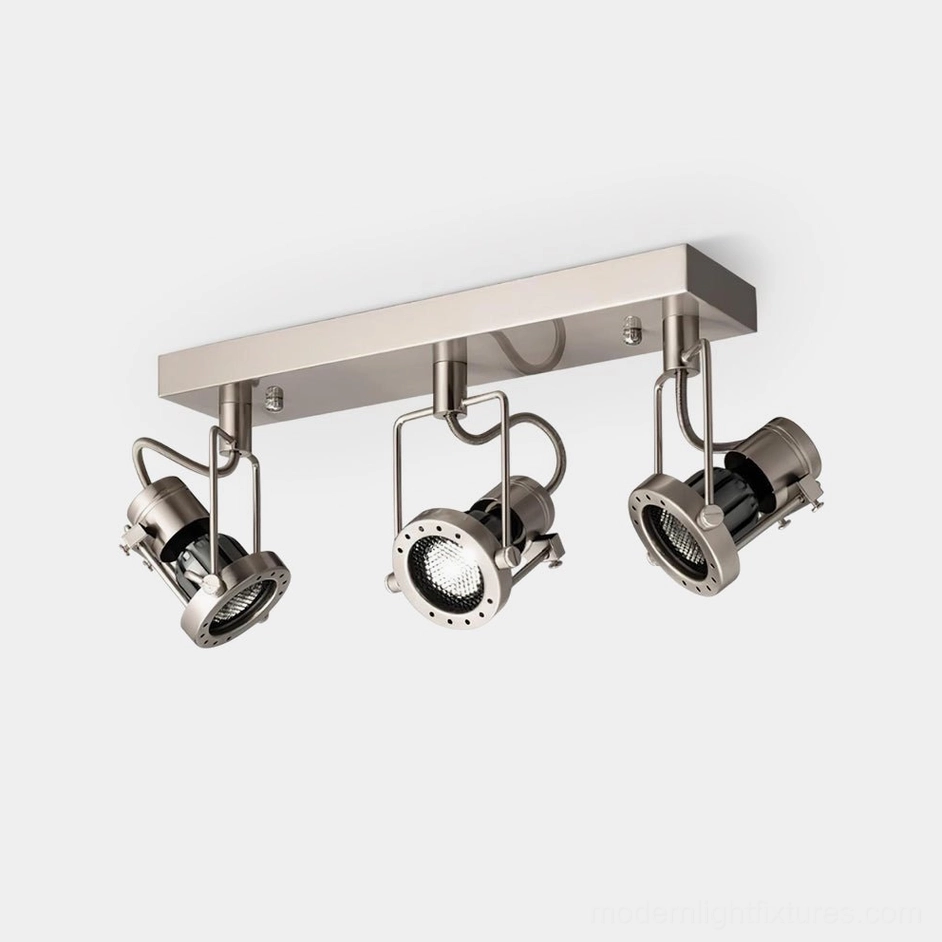 Vector Orbit 3-head linear adjustable track lighting fixture with brushed nickel finish on white background