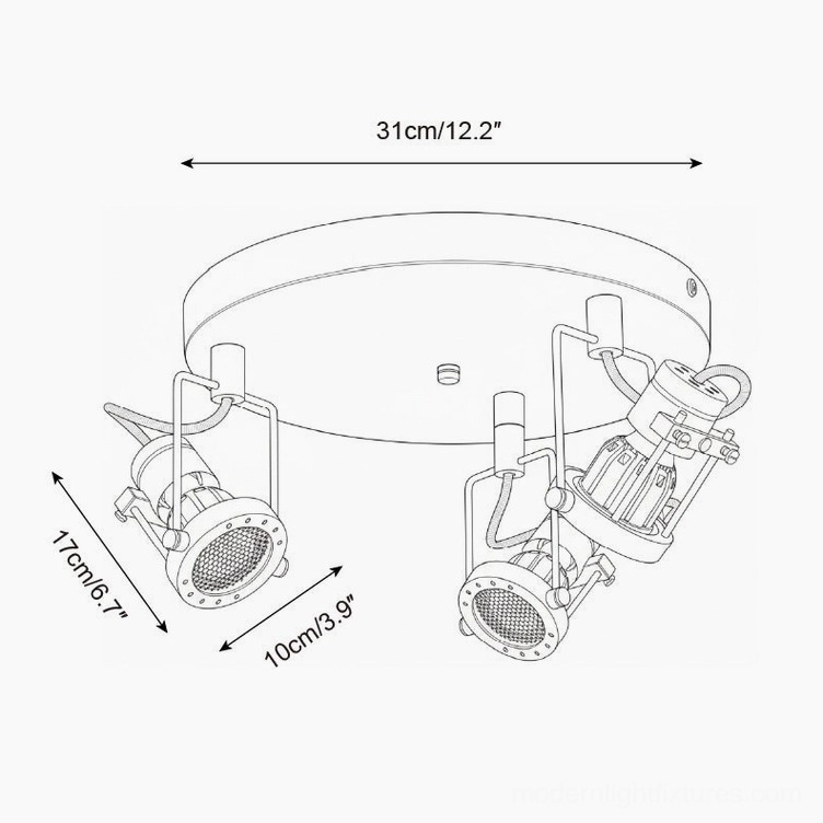 3-head round ceiling spotlight technical blueprint with 31cm diameter measurements and detailed specifications