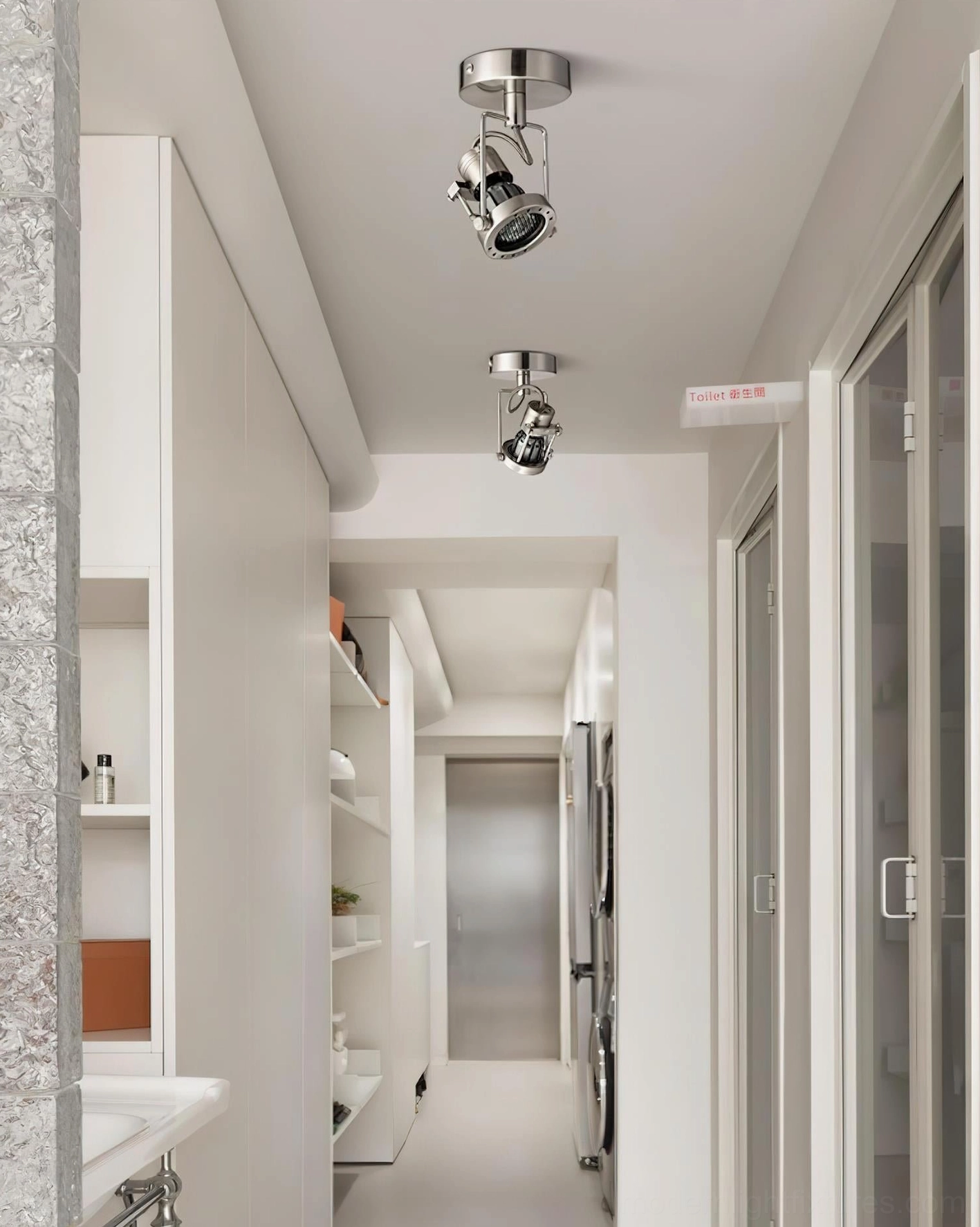 Adjustable ceiling spotlight installation in modern residential hallway with rotatable nickel metal lamp heads