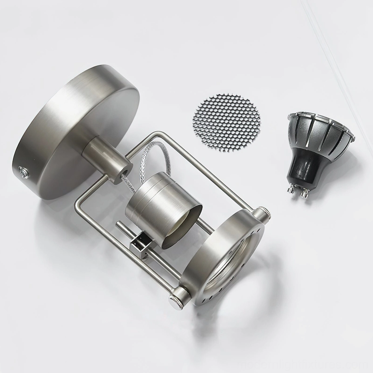 Vector Orbit adjustable ceiling spotlight fixture close-up detail nickel sand finish