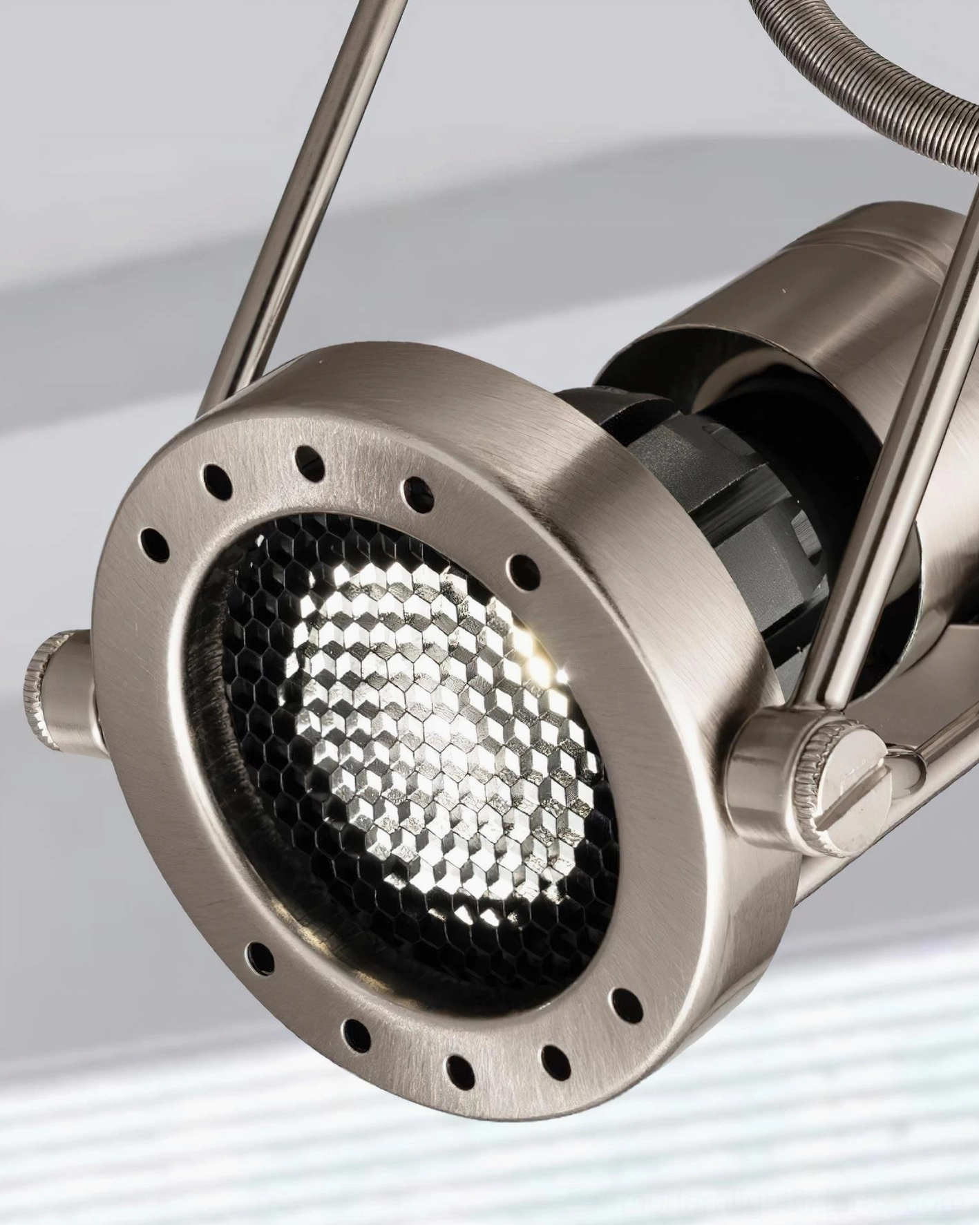 Contemporary adjustable track light fixture hardwired damp-rated ceiling installation