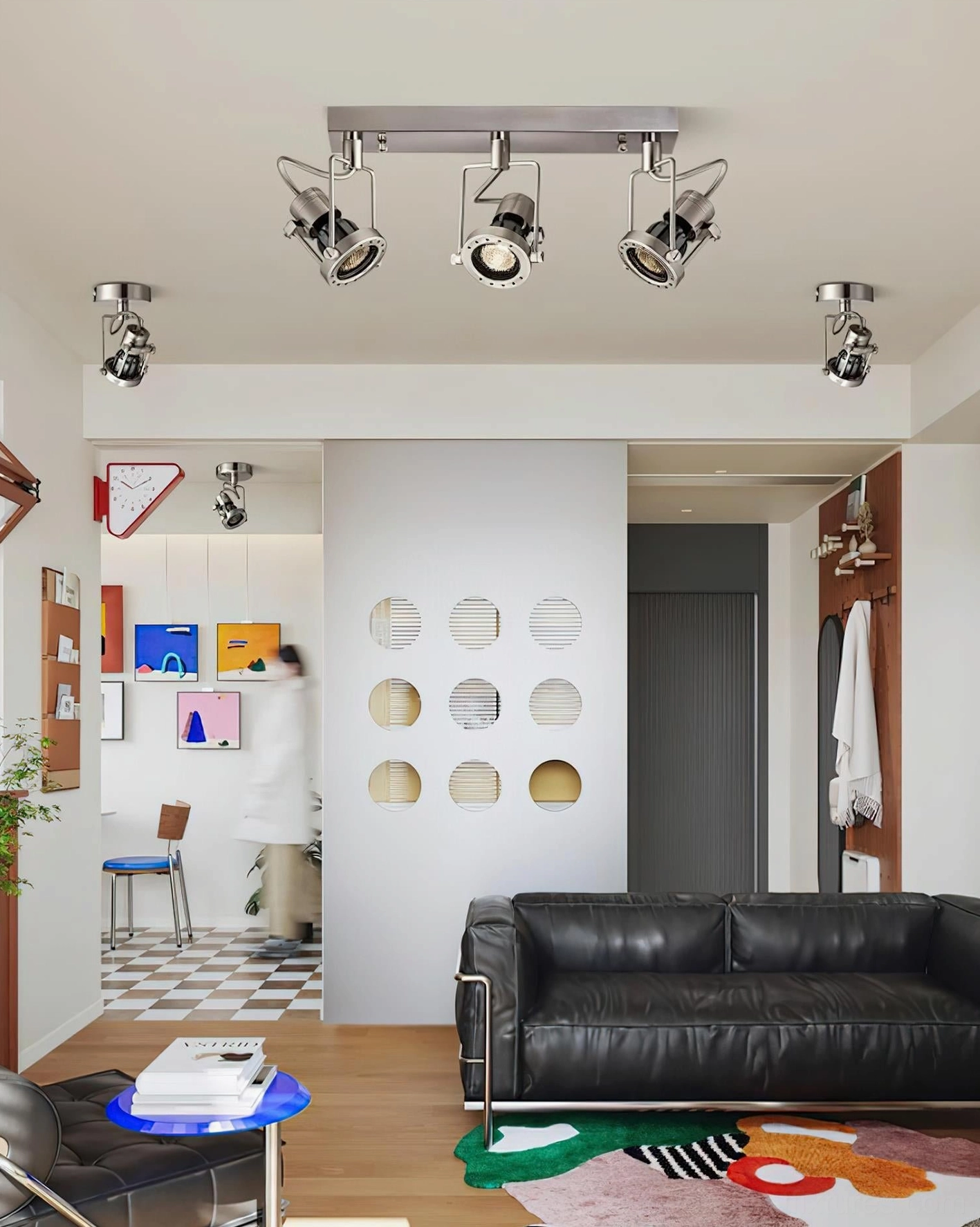 Contemporary brushed nickel ceiling track lighting with multiple adjustable spotlights accent illumination