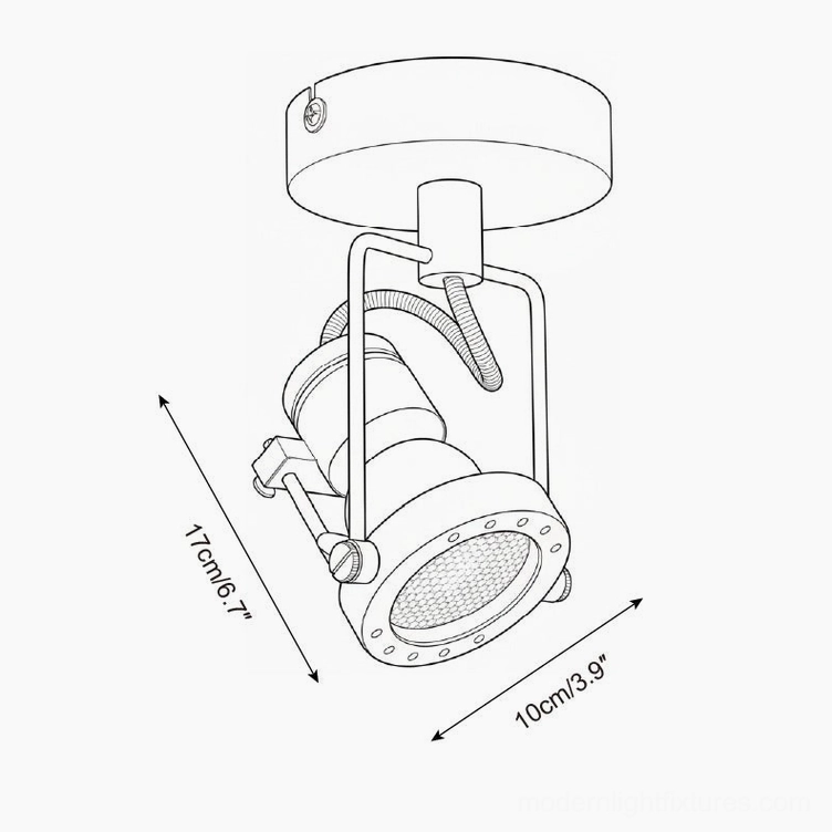 Single head Vector Orbit ceiling spotlight technical isometric view with 17cm height and 10cm diameter dimensions