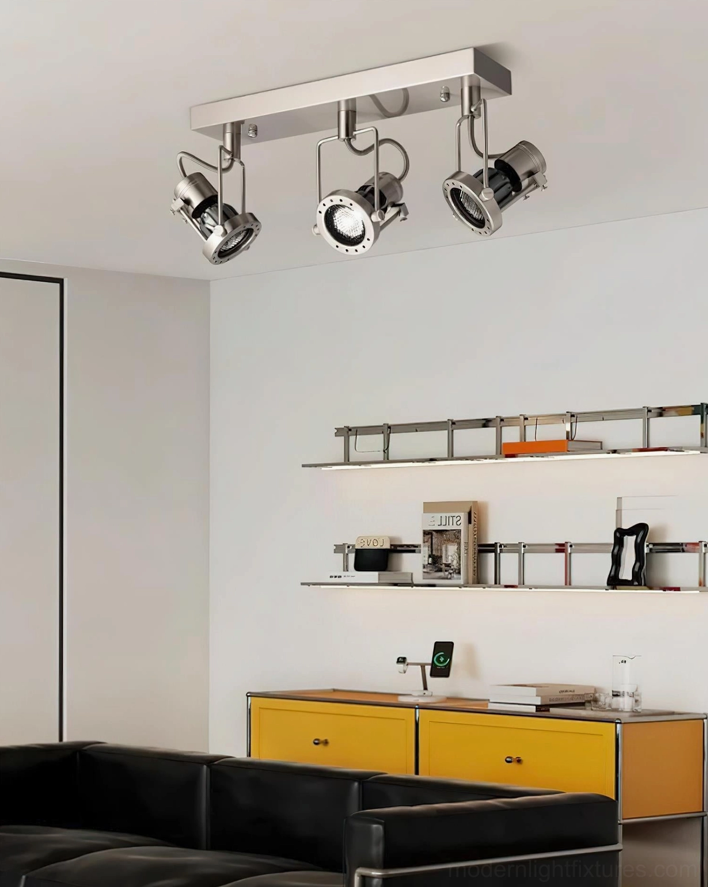 Vector Orbit adjustable track lighting in modern home office with rotatable heads and brushed metal finish