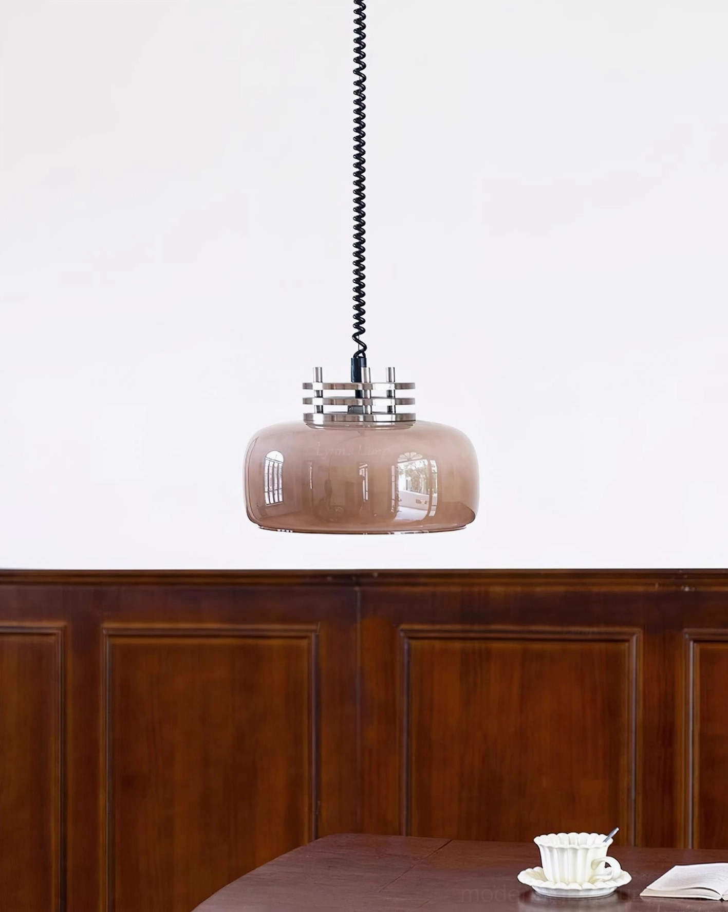 Vela vintage glass drum pendant light showing detail of coiled black suspension cord and chrome fixture