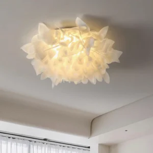 Veli petal flush mount ceiling light illuminated in warm white 3000K in modern apartment living room