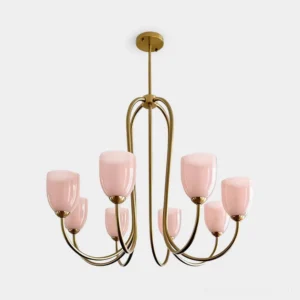 Velin 8-head tulip glass chandelier with curved brass arms and pink glass shades - front studio view