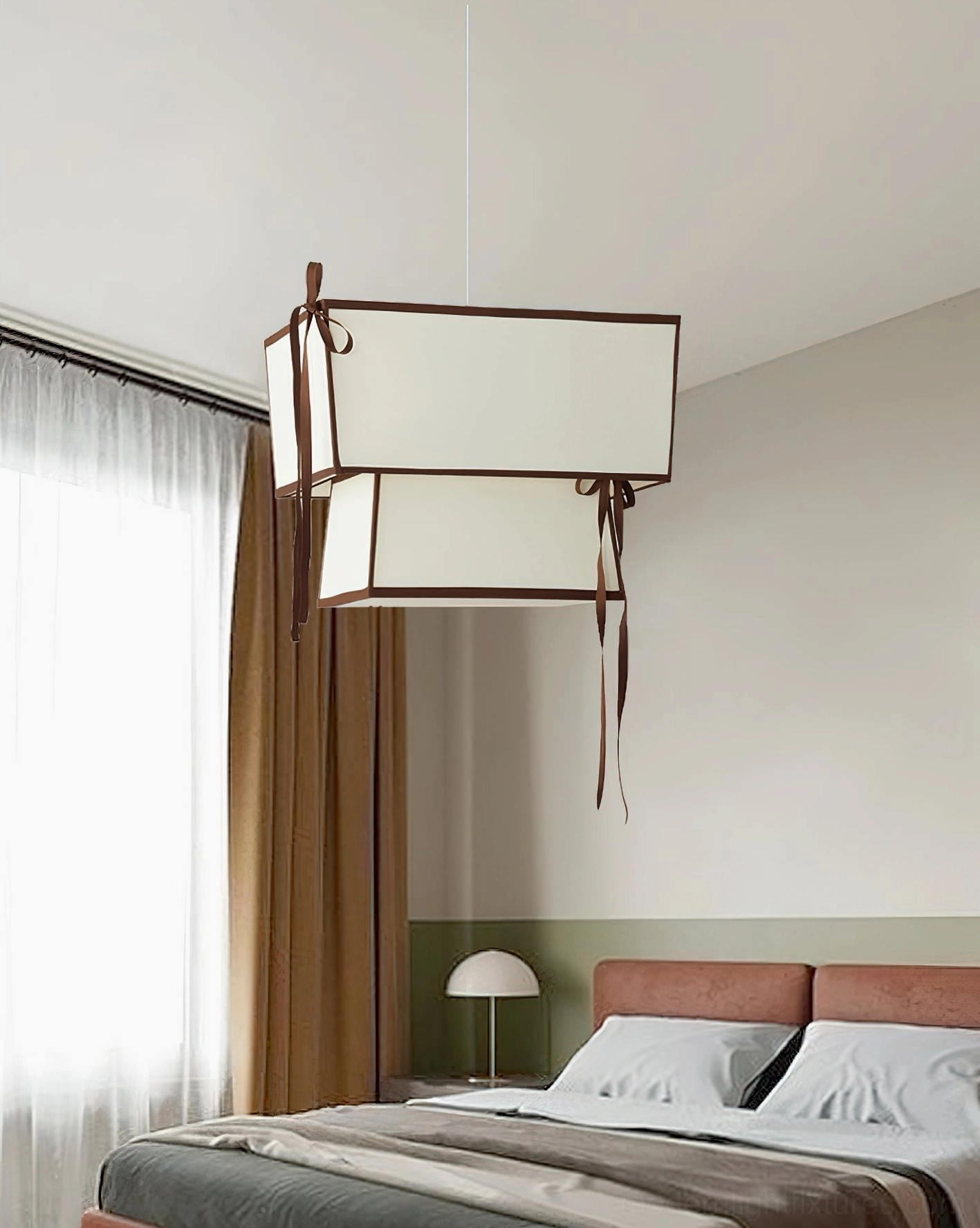 Velina contemporary fabric pendant lamp in modern bedroom with brown ribbon accents