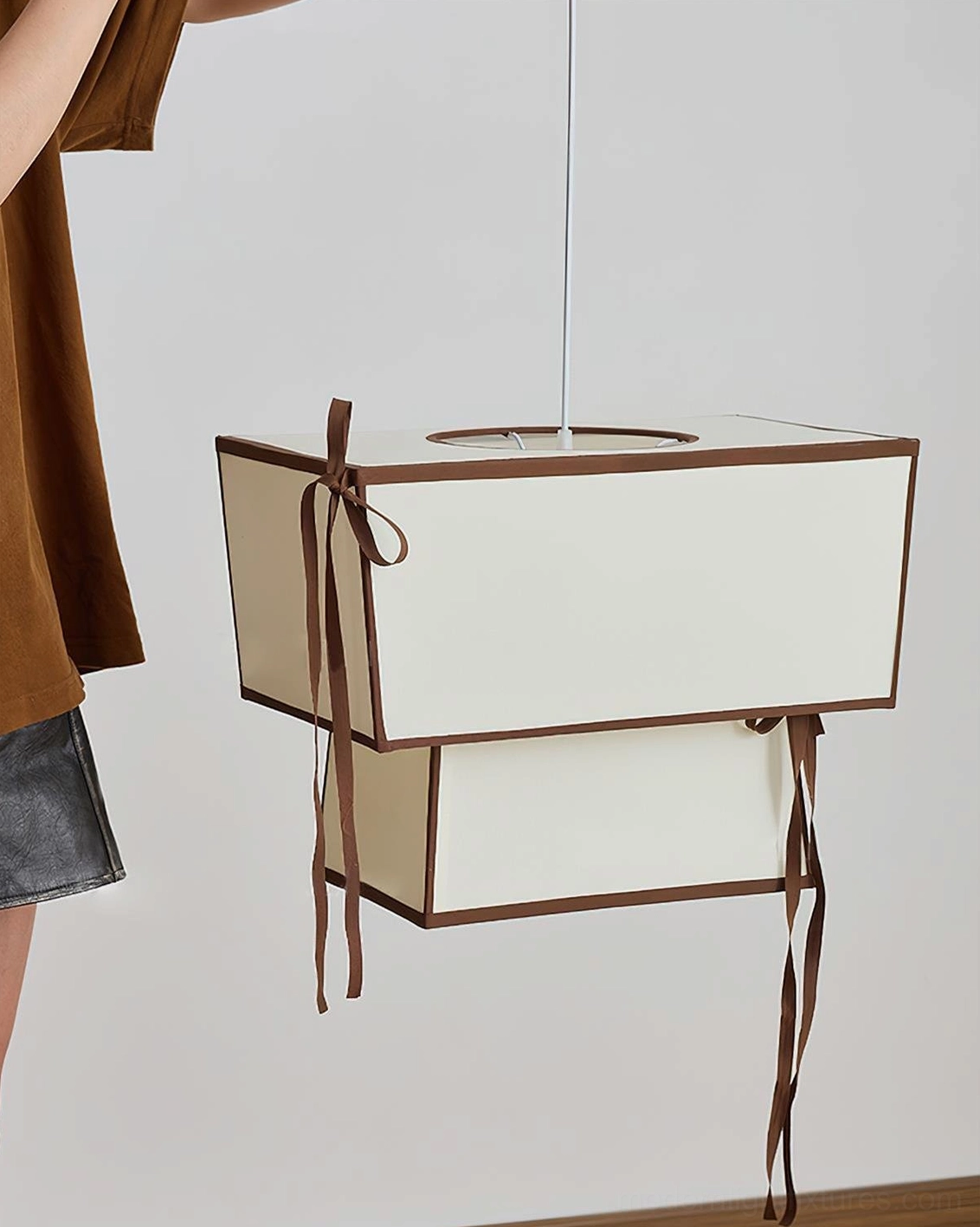 Velina fabric pendant lamp close-up showing ceiling mount and rectangular shade detail