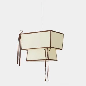 Velina modern two-tier fabric pendant light with chocolate brown trim and cascading ribbons, front studio view