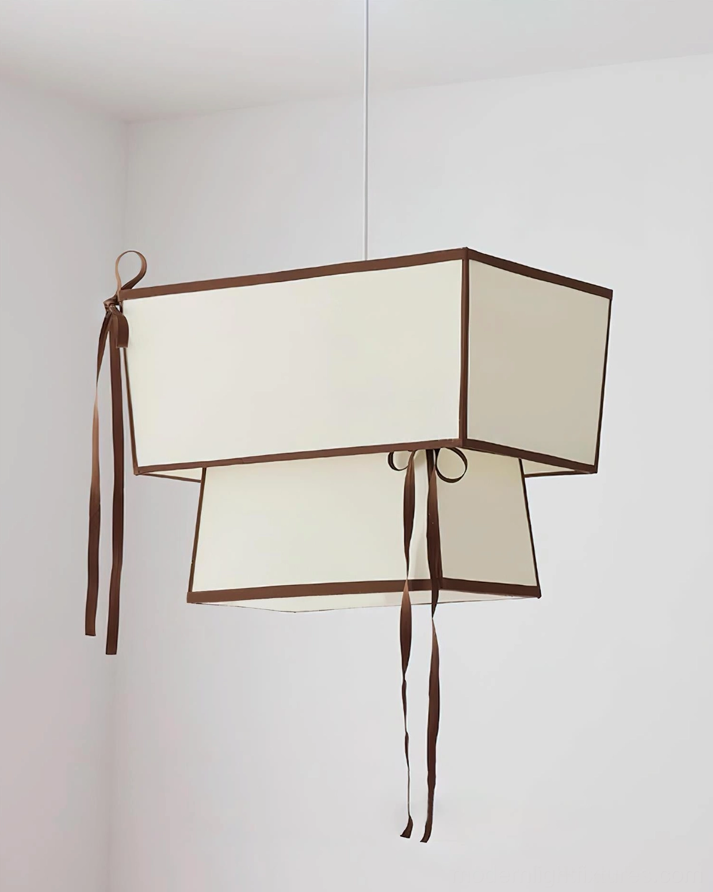 Velina fabric pendant lamp detail showing layered rectangular shade construction and trim