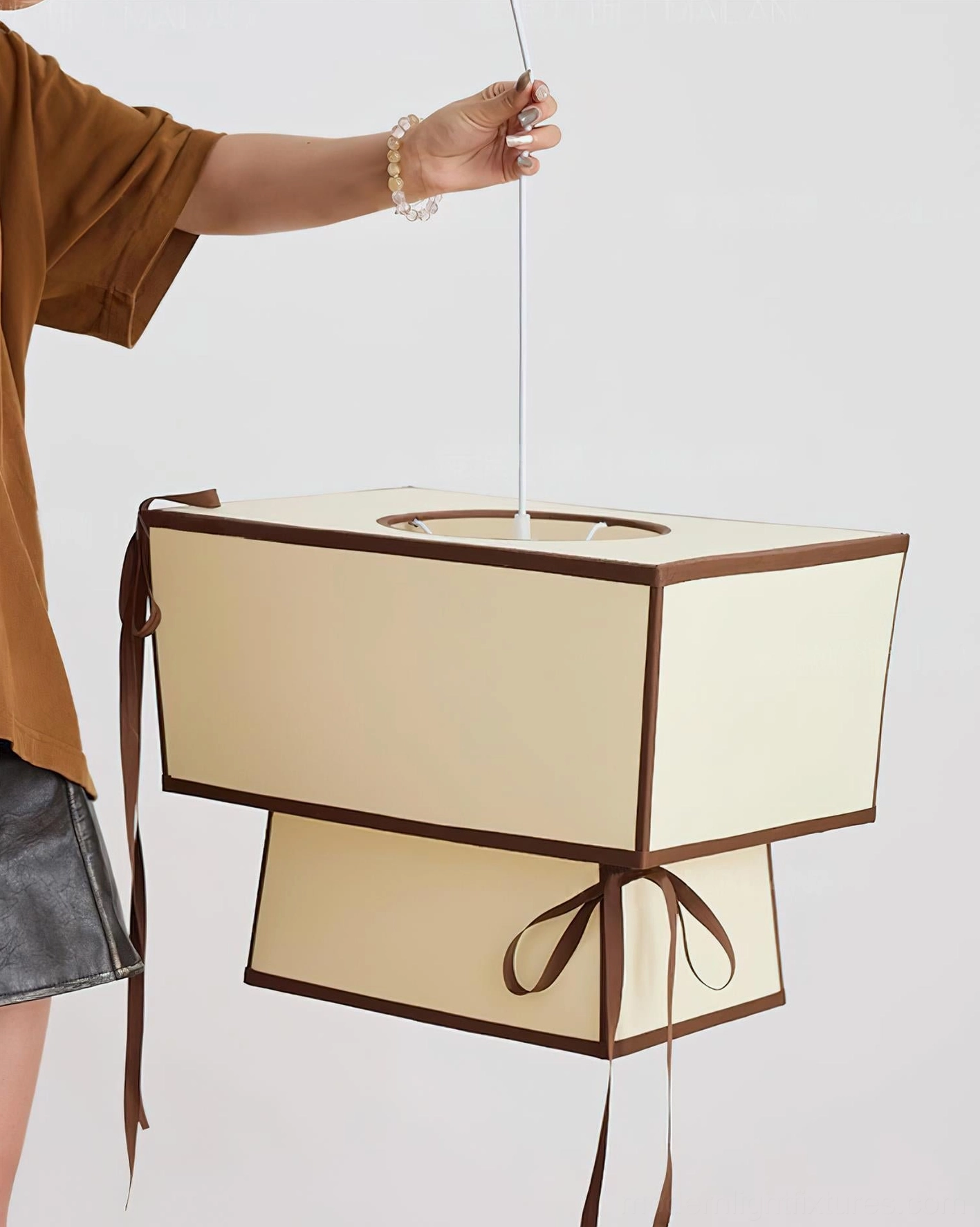 White Velina fabric pendant light contemporary hanging lamp with ribbon embellishment