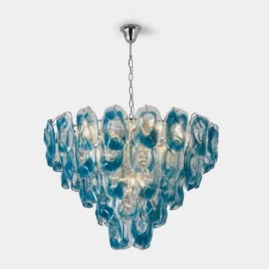 Velisse tiered glass chandelier with hand-formed curved ribbons and polished chrome suspension, front studio view
