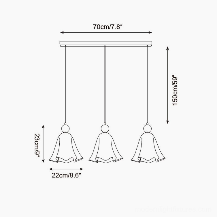 Vellia 3-head triple pendant light technical drawing 150cm total height installation specification