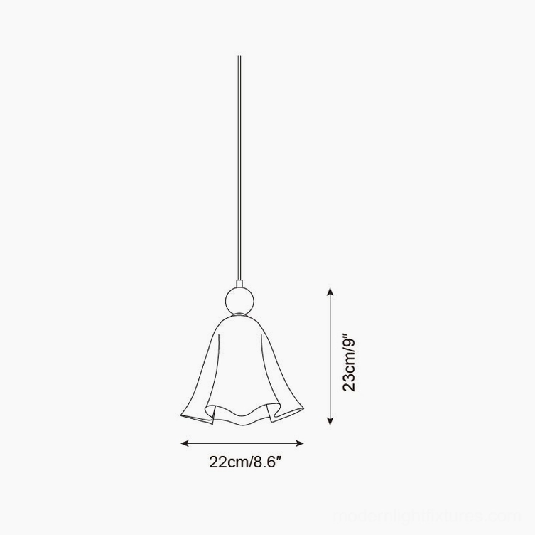Vellia single pendant light technical specification drawing small size 22cm diameter 23cm height