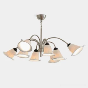 Vellina Petal Chandelier front view with 8 ceramic bell shades and brushed nickel frame on white background