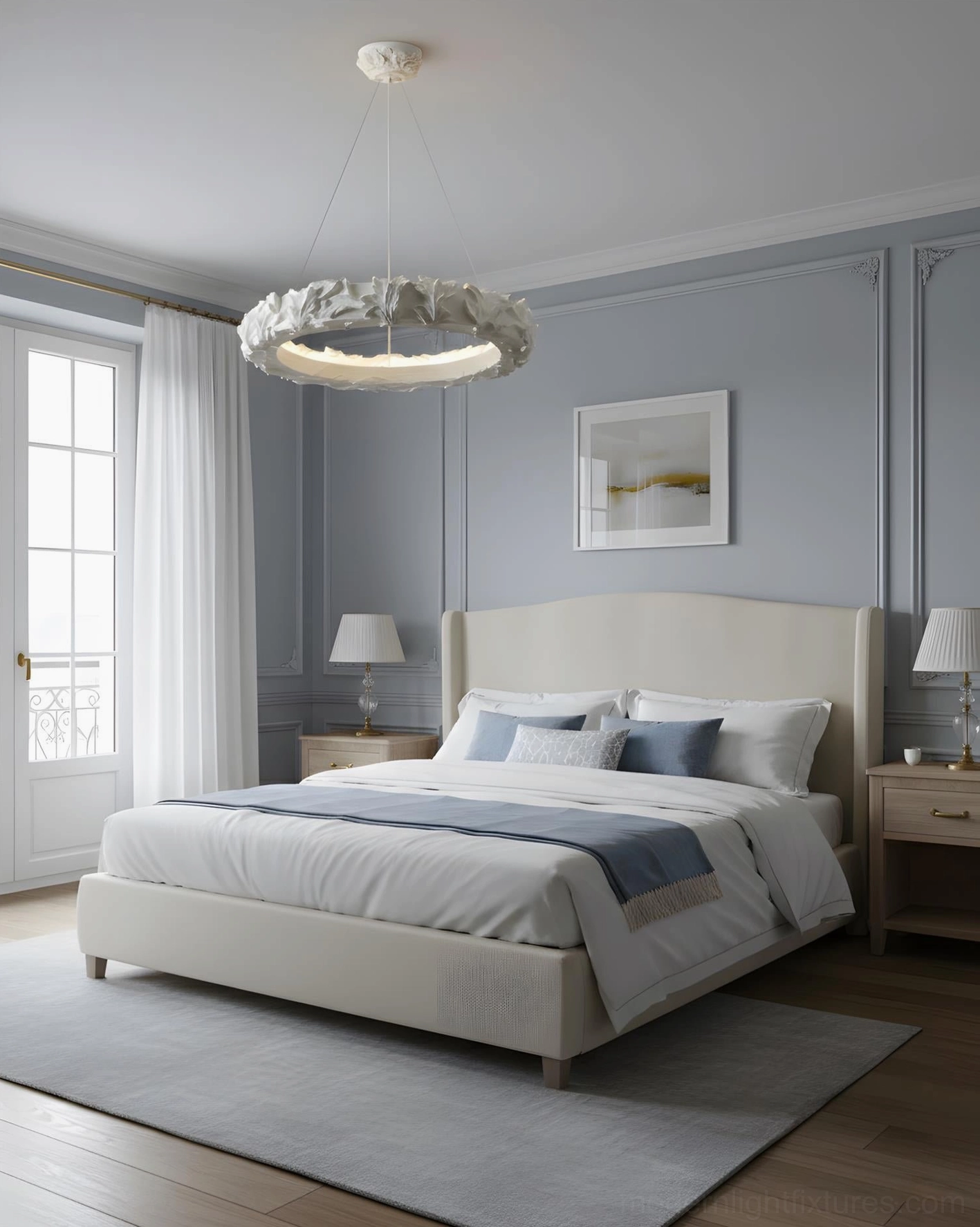 Leaf ring pendant chandelier in master bedroom muted blue calming interior