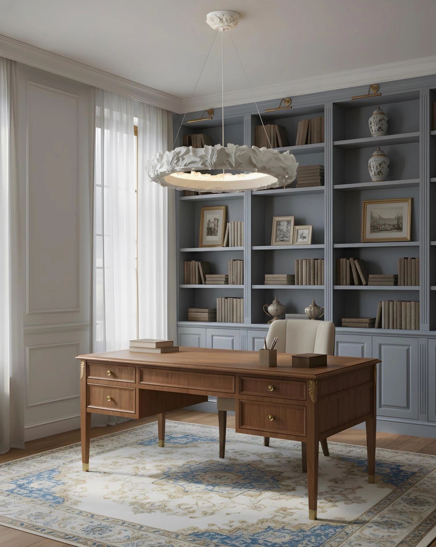 Ring chandelier with leaf trim in home office study warm wood classic design