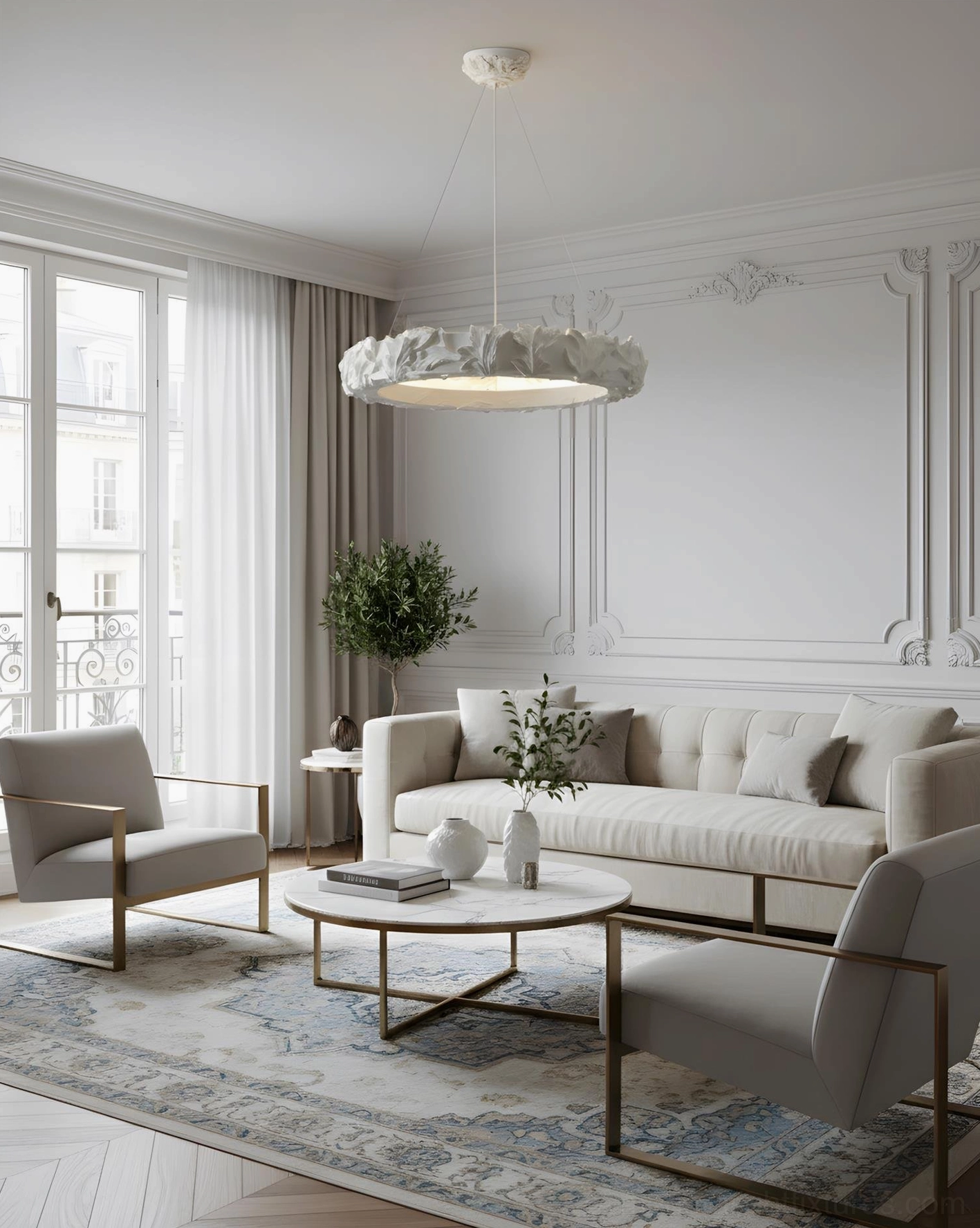Neoclassical leaf ring pendant light in French living room warm neutral tones