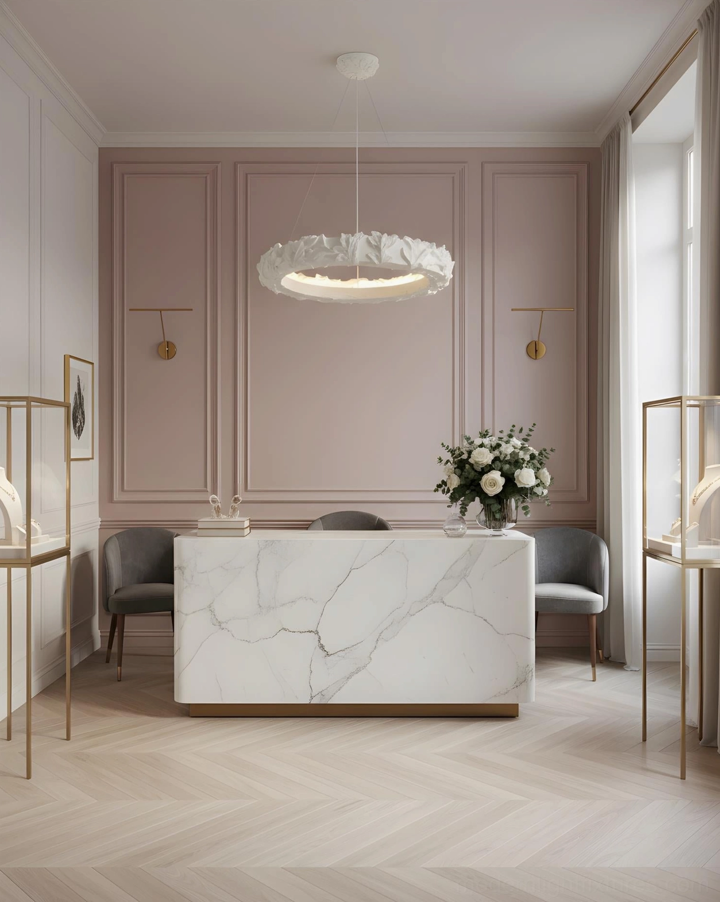 Leaf ring chandelier in luxury home reception area pastel neoclassical decor