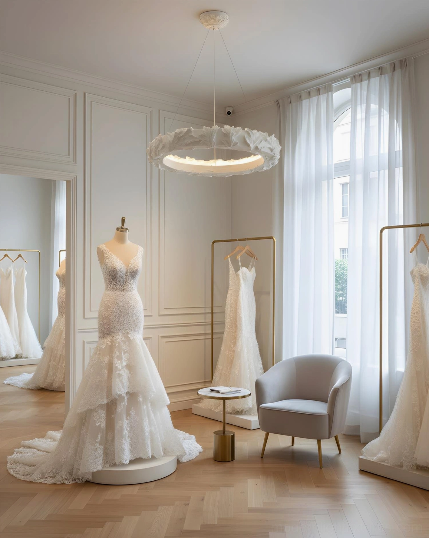 Neoclassical leaf ring pendant light in bridal boutique showroom interior