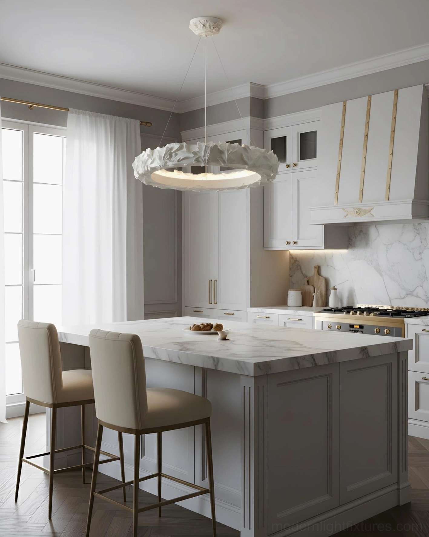 Modern leaf ring pendant chandelier over kitchen island luxury minimalist design
