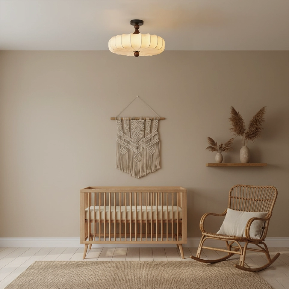 Velora fabric ceiling lamp in bohemian nursery bedroom soft warm glow botanical aesthetic