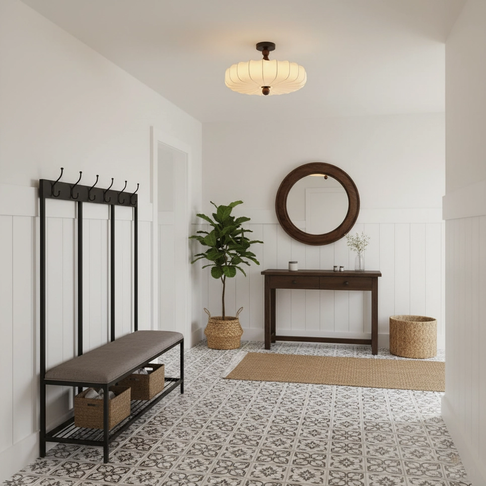 Velora ceiling lamp in farmhouse entryway creating warm ambient lighting in neutral rustic interior