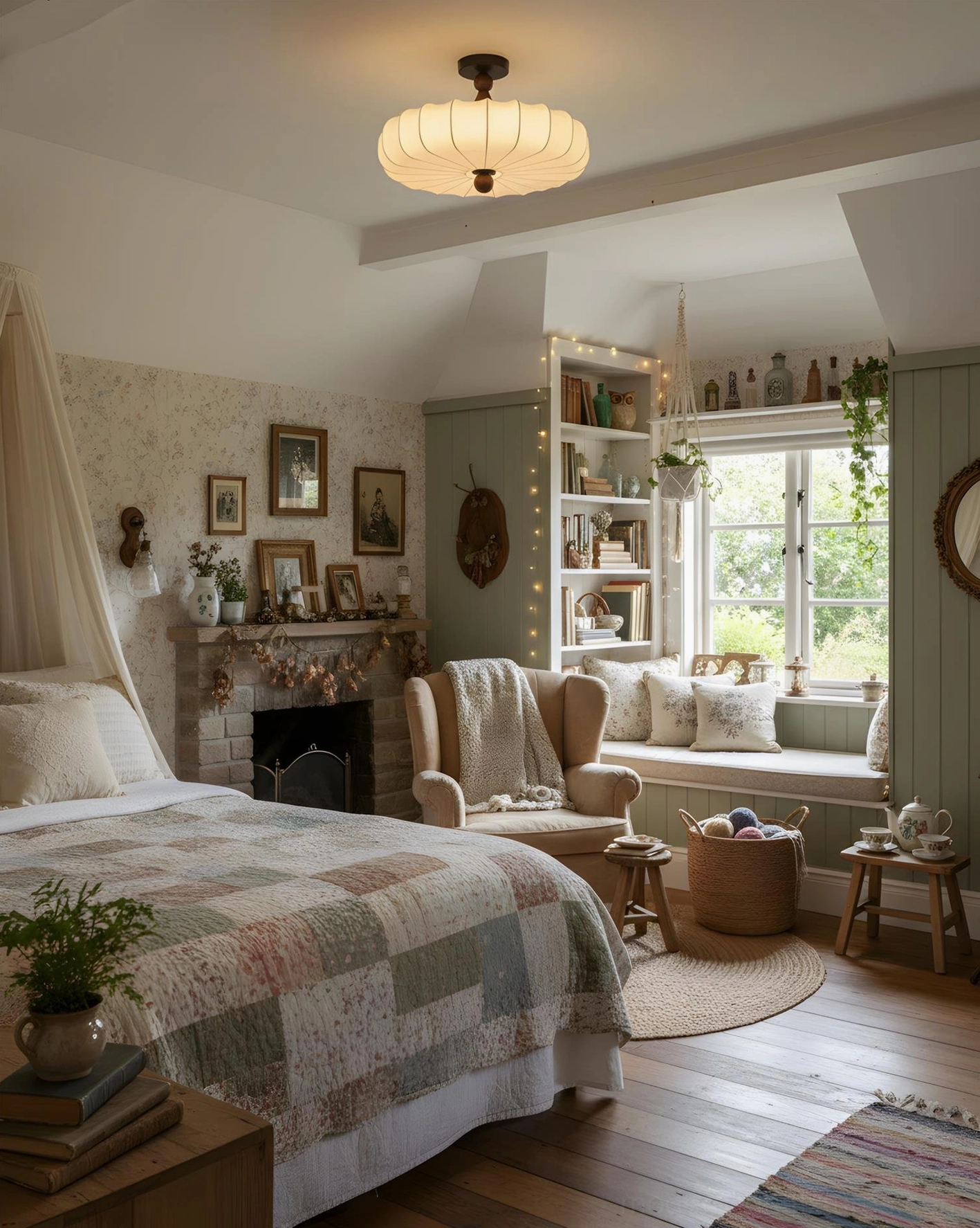 Velora dimmable ceiling lamp in cozy cottage bedroom warm vintage aesthetic 3000K lighting