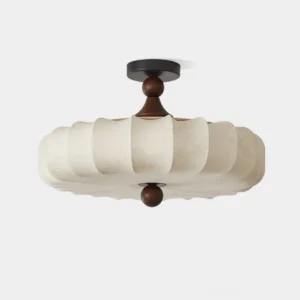 Velora floral embossed fabric ceiling lamp front view with warm LED glow and walnut wood canopy