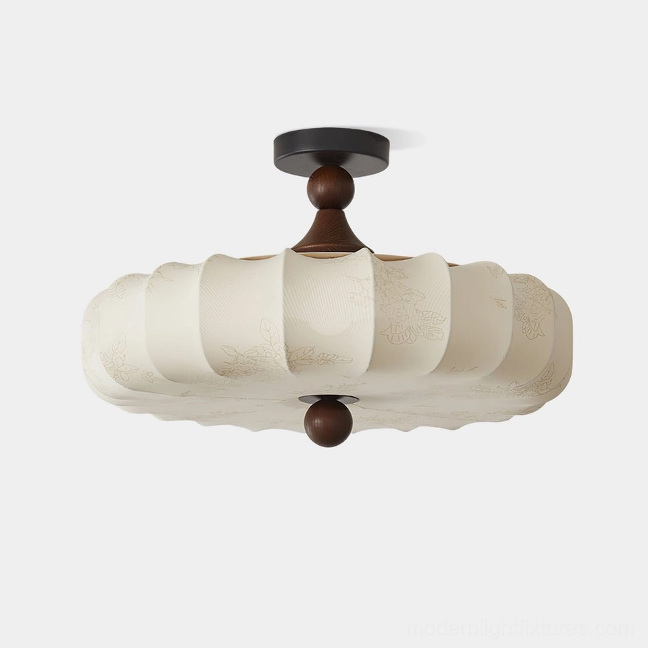 Velora floral embossed fabric ceiling lamp front view with warm LED glow and walnut wood canopy