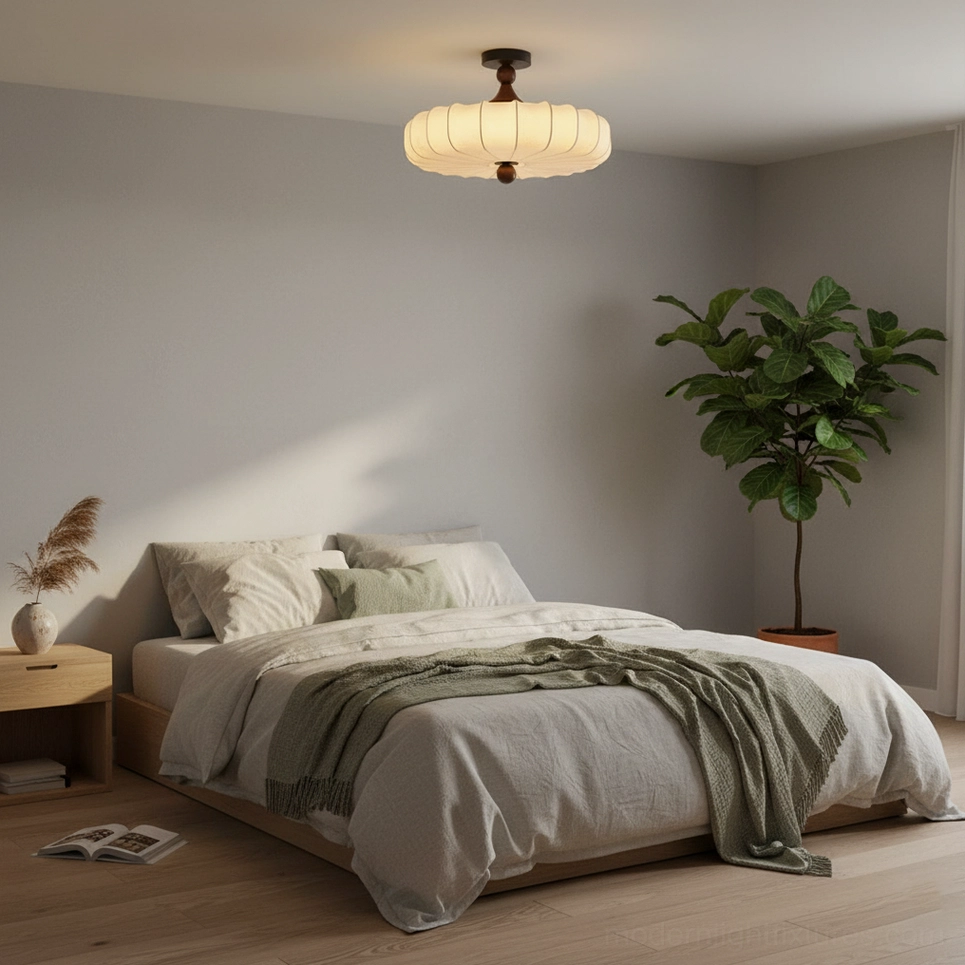 Velora warm white dimmable ceiling lamp detail showing embossed floral pattern and fabric texture