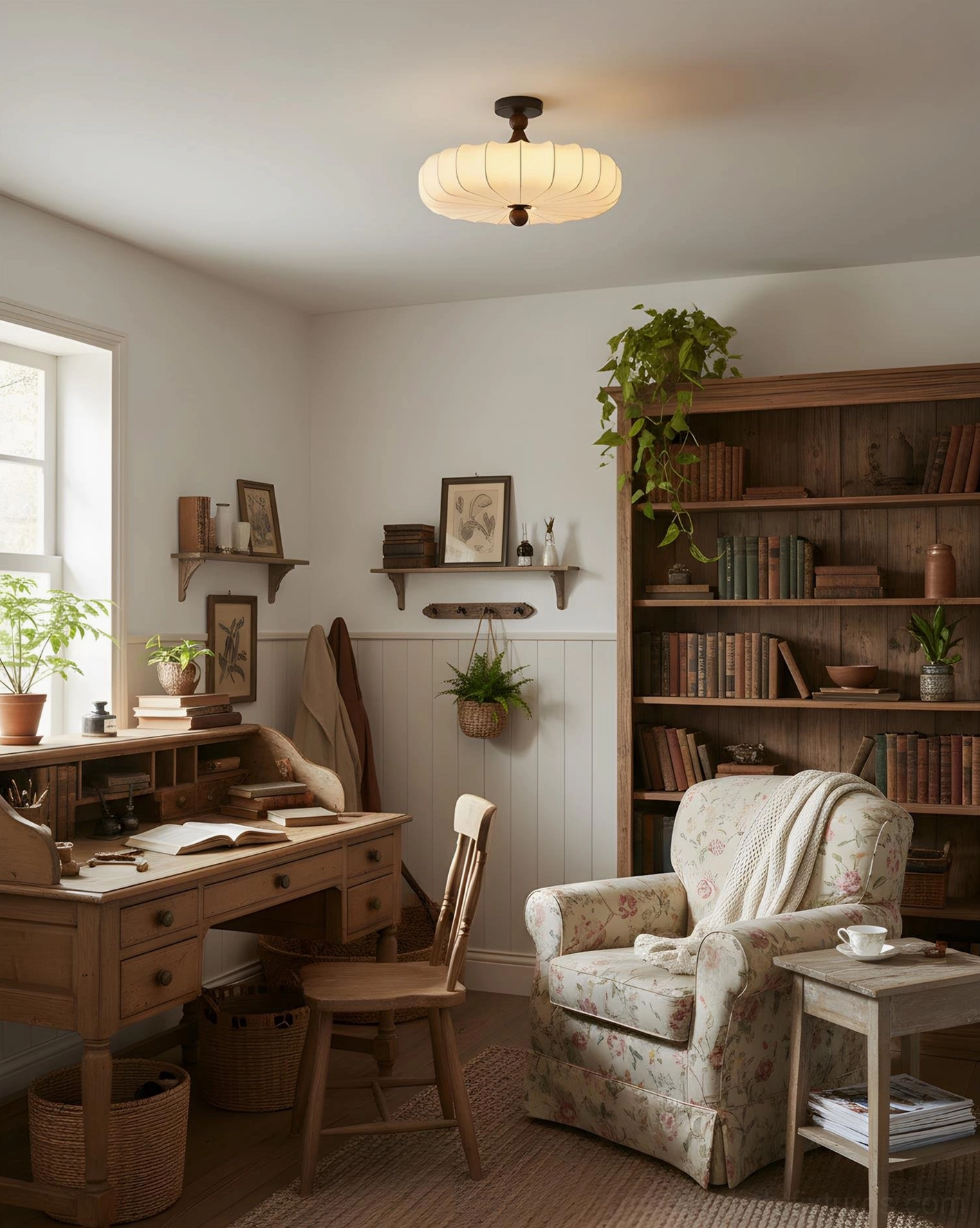 Velora embossed ceiling lamp in home office library creating warm study light ambiance