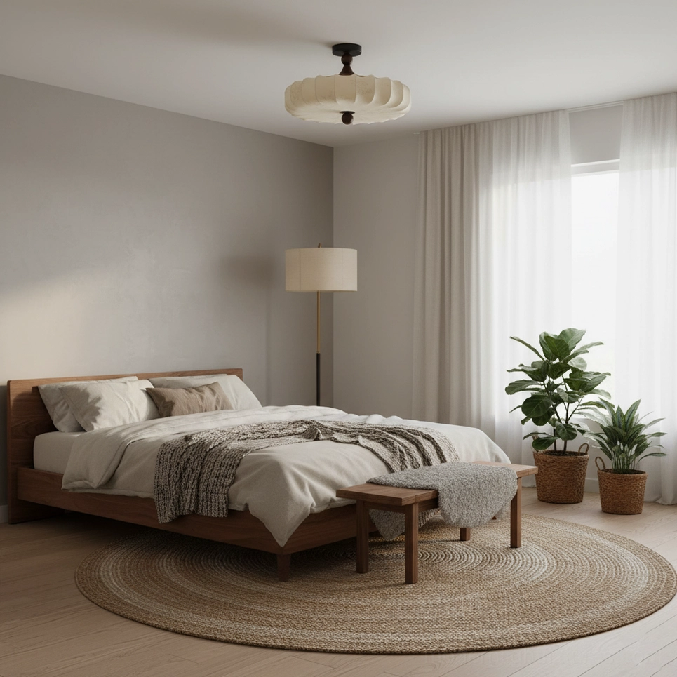 Velora fabric semi-flush ceiling lamp transitional design style warm neutral palette