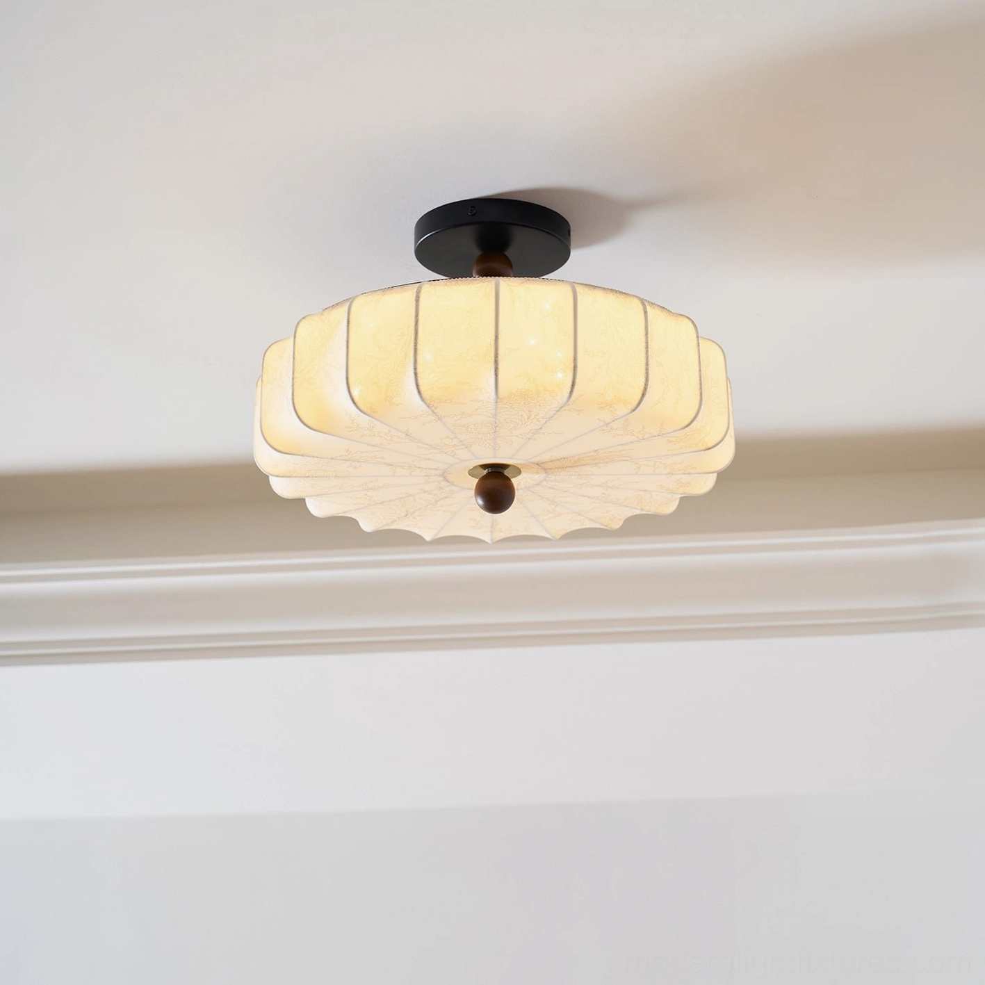 Velora warm white dimmable ceiling light fabric shade walnut wood base detail