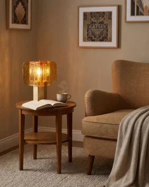 Veloura table lamp on round wood side table in cozy living room corner with books and coffee