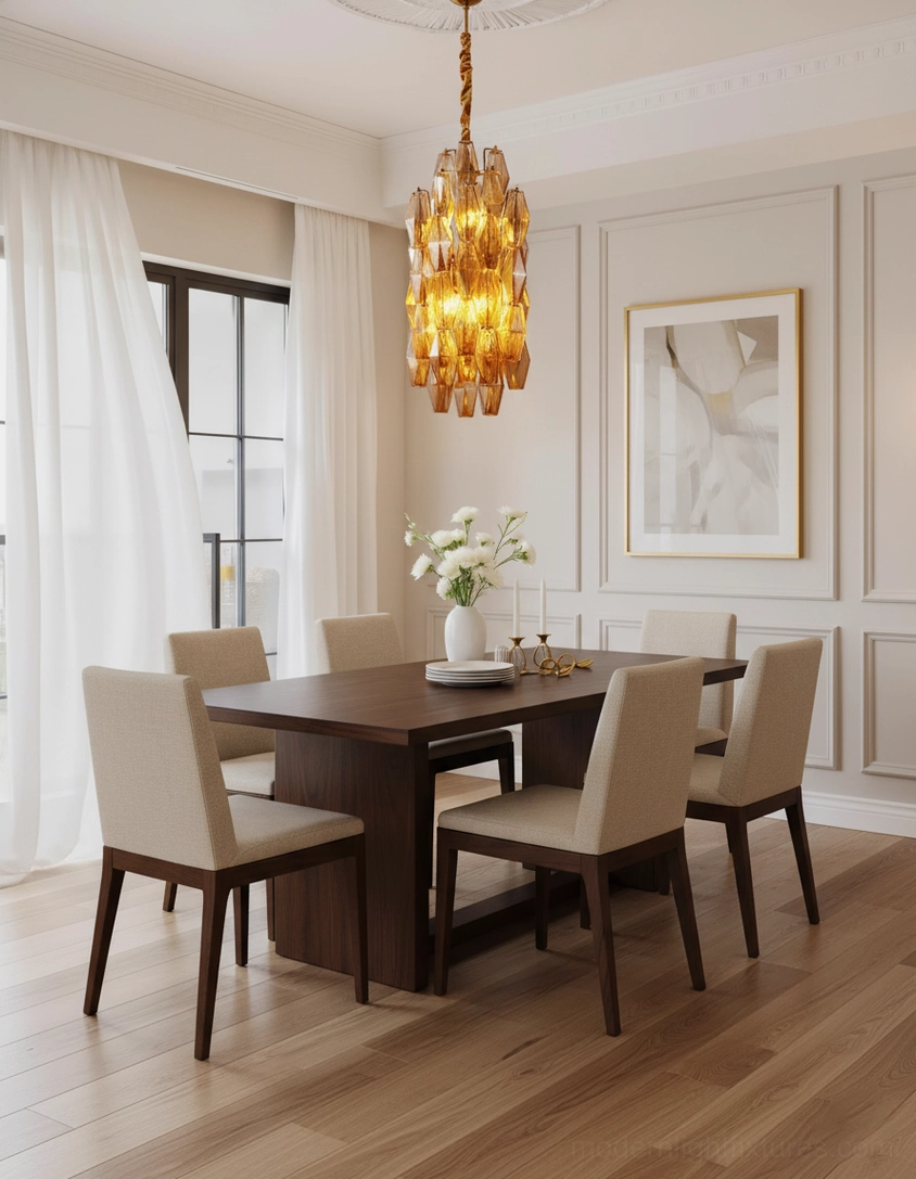Velthra amber glass pendant chandelier above formal dining table with traditional dark wood furniture