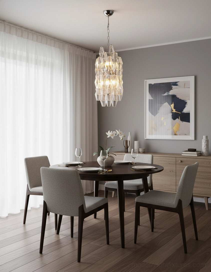 Velthra clear faceted glass pendant light with warm glow in contemporary dining area