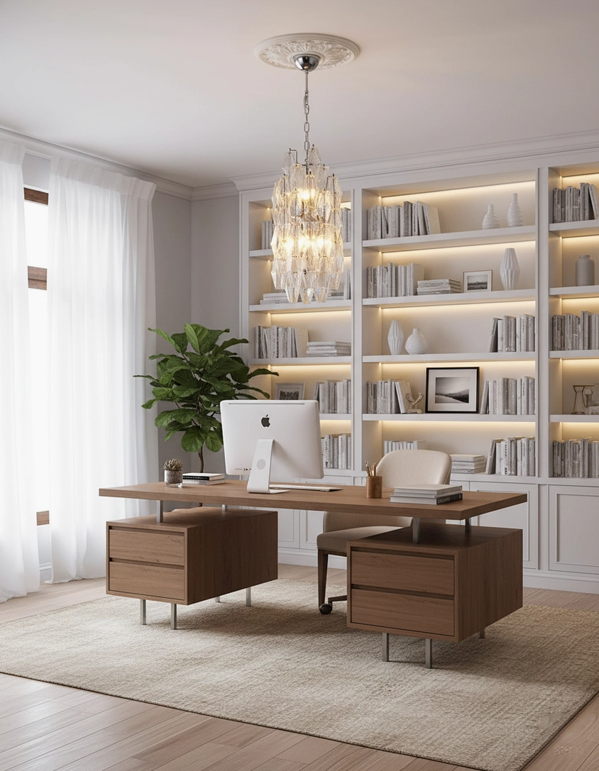 Velthra clear faceted pendant chandelier illuminated in modern home office with bookshelves