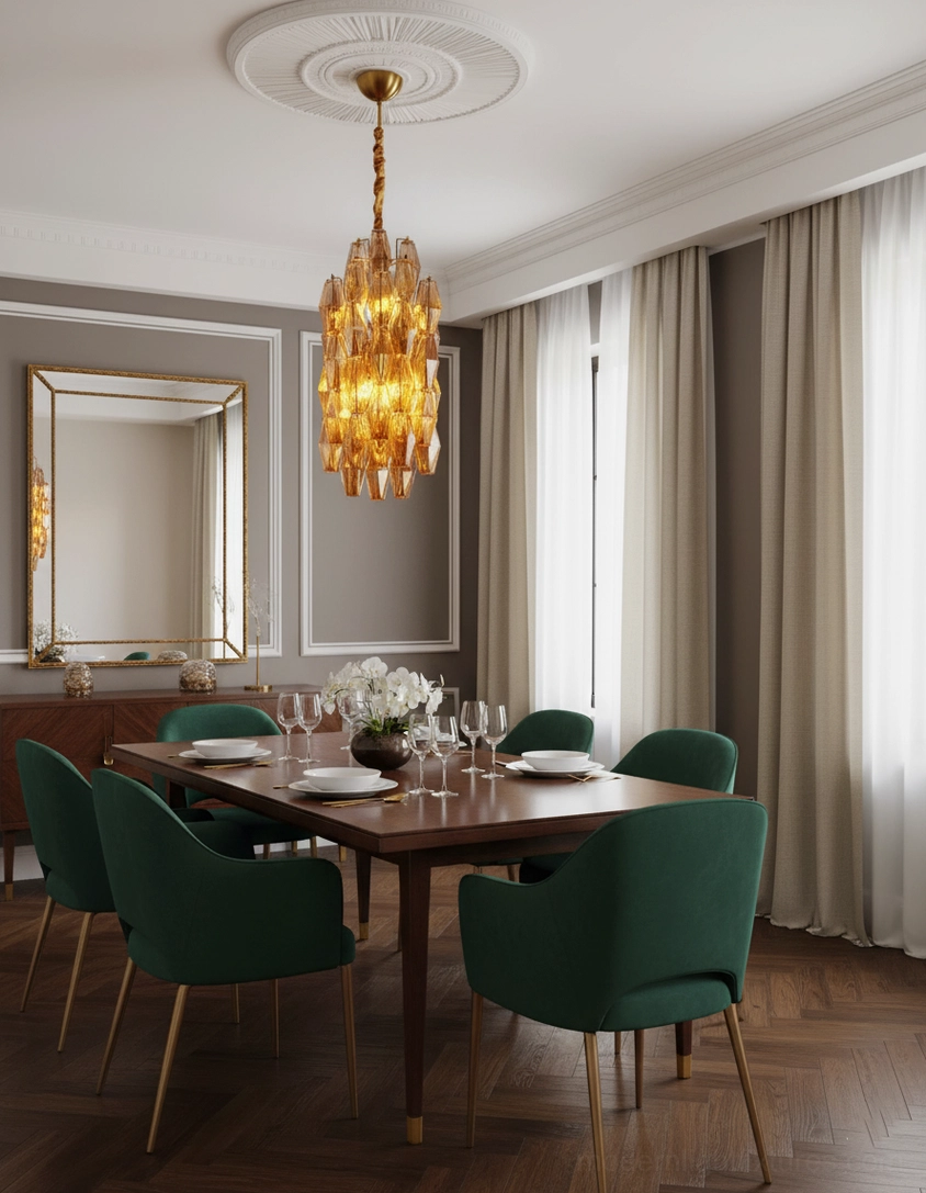 Velthra geometric pendant light mounted on ceiling medallion in luxury dining room with green velvet chairs