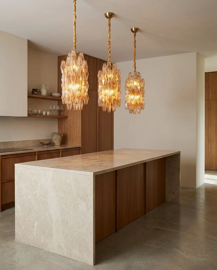Velthra geometric pendant light complete product showcase with amber and clear glass options