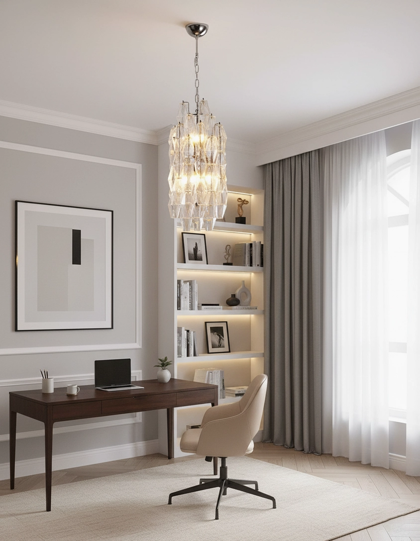 Velthra geometric faceted glass pendant light showing intricate hand-blown glass layering detail